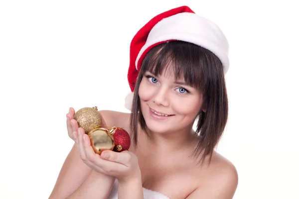 Girl holding christmas balls — Stock Photo, Image