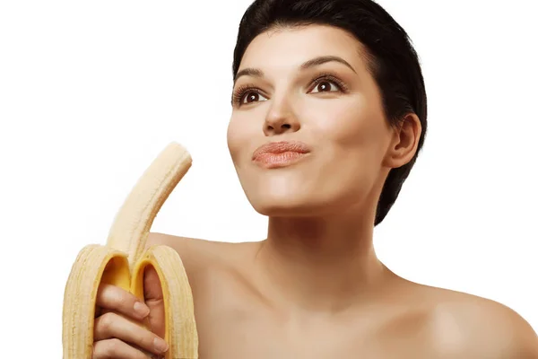 Gyönyörű Lány Szórakozás Egy Finom Banánt Eszik Élvezet Boldogság — Stock Fotó