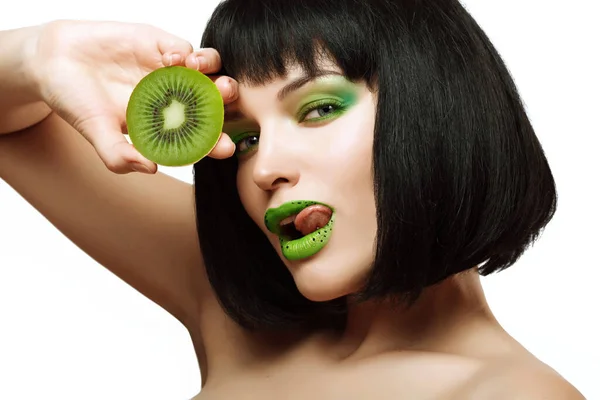 Szexi Lány Finom Kiwi Világos Zöld Smink — Stock Fotó