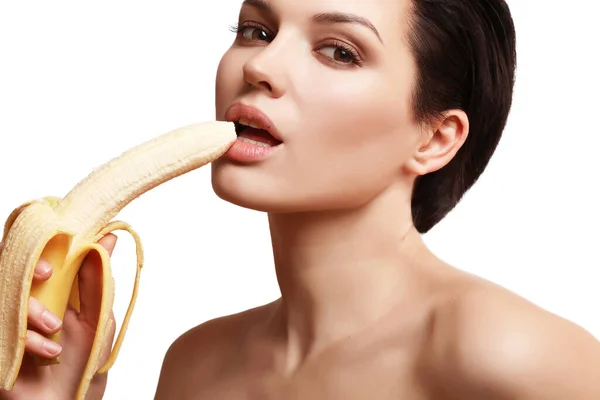 Krásná Sexy Žena Banánem Ruce Antikoncepce Izolované — Stock fotografie