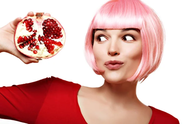Beautiful Girl Pomegranate Makeup Ripe Juicy Pink Hair — Stock Photo, Image