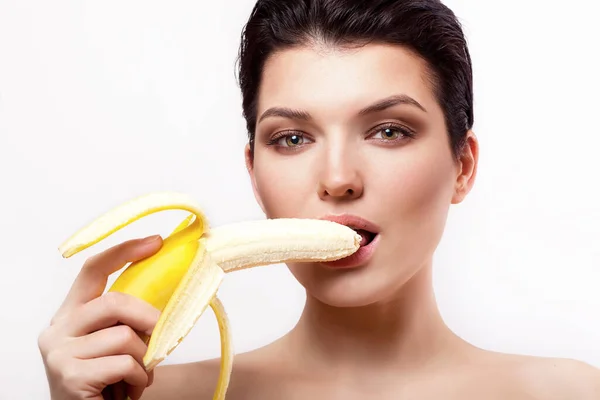 Gyönyörű Szexi Asszony Kezét Fogamzásgátlás Elszigetelt Banán — Stock Fotó