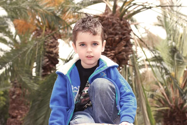 Przystojny chłopak w parku wokół zieleni i palmy — Zdjęcie stockowe