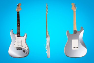 Gümüş elektro gitar ön, yan ve arka görünüm mavi arkaplanda izole