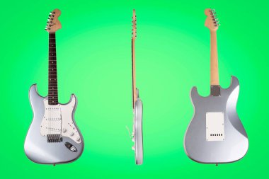 Gümüş elektro gitar ön, yan ve arka görünüm yeşil arkaplanda izole