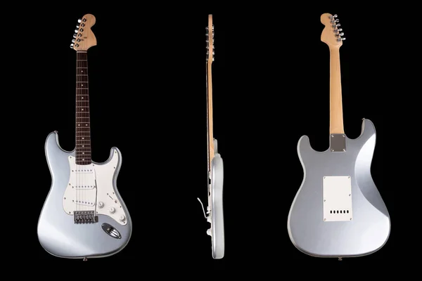 Silver Gitara Elektryczna Przodu Boku Tyłu Widok Izolowany Czarnym Tle — Zdjęcie stockowe