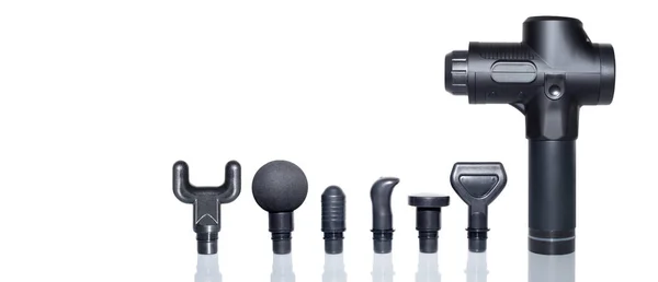 Sporcular için derin kas dokularının perküsyon masajcısı acıyı hafifletir. El bilgisayarı, profesyonel terapötik şok masaj silahı. Masaj eklentileri.