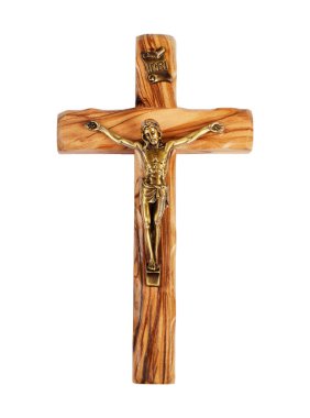 Beyaz arka planda duran tahta haç.