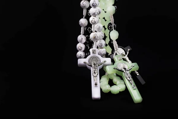 Set Traditional Christian Holy Religious Symbol Rosary Necklace Isolated Black — Stock Photo, Image