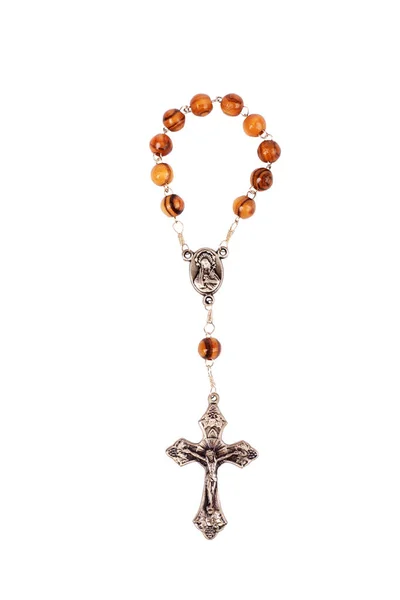 Traditional Christian Holy Religious Wooden Rosary Isolated White Background — Foto Stock