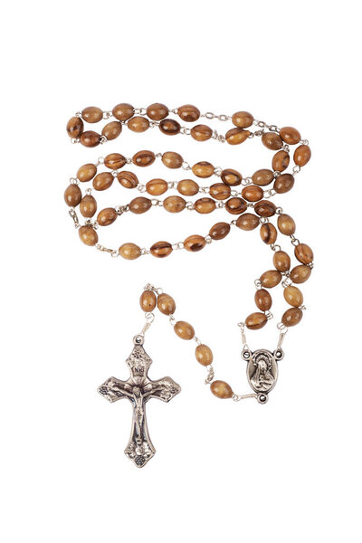 Traditional Christian holy religious wooden rosary isolated on white background