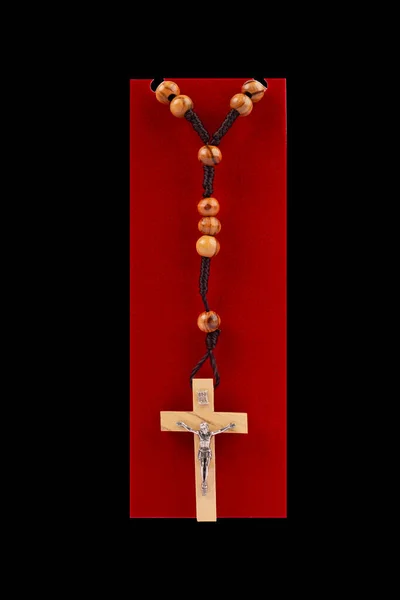 Tradycyjny Chrześcijański Święty Drewniany Różaniec Religijny Izolowane Czarnym Tle — Zdjęcie stockowe