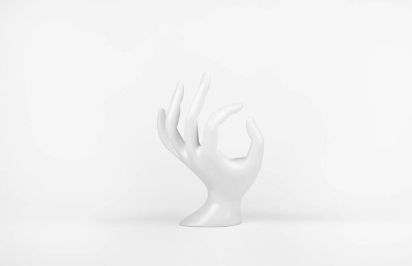 ladies plastic white hand for rings on white background.