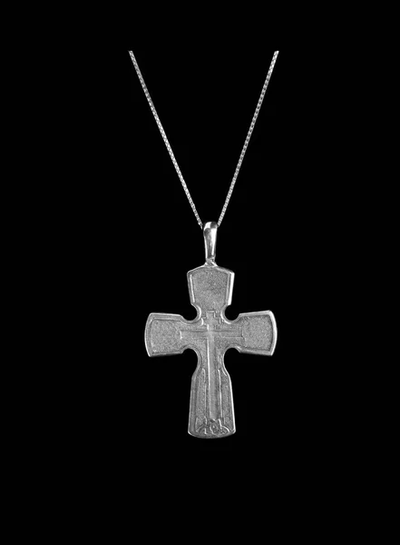 Croix Crucifix Argent Isolé Sur Fond Noir — Photo