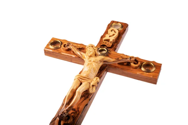 Wooden Crucifix Standing Isolated White Background — Zdjęcie stockowe