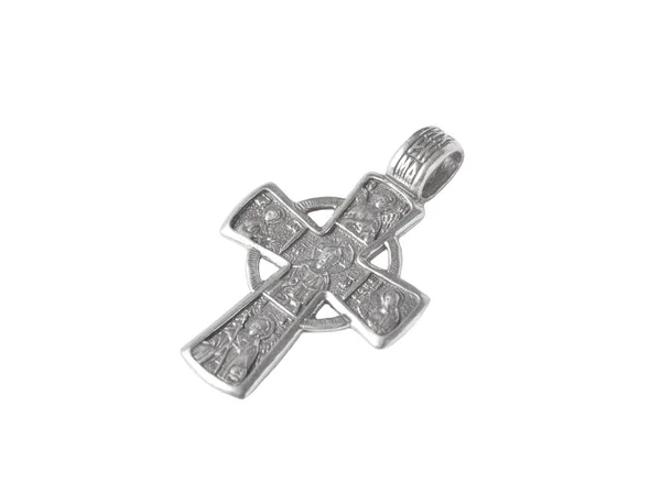 Cruz crucifijo de plata aislada sobre fondo blanco —  Fotos de Stock