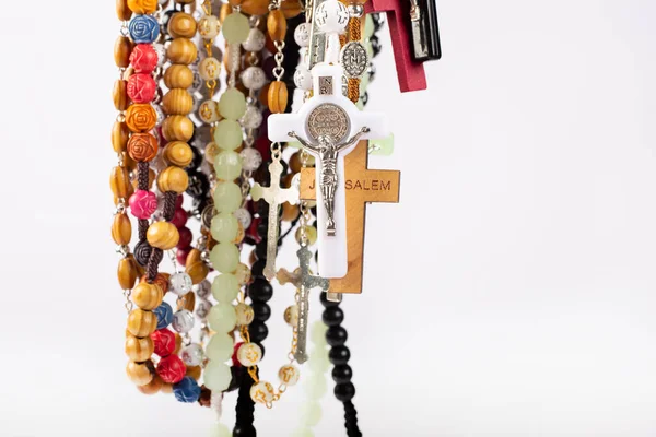 Set Traditional Christian Holy Religious Symbol Rosary Necklace Isolated White — Stock Photo, Image