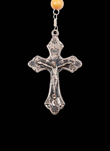 Silver Crucifix Close Isolated Black Background — Φωτογραφία Αρχείου