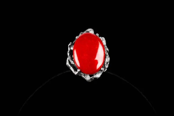 Silver Ring Coral Stone Black Background — Foto Stock