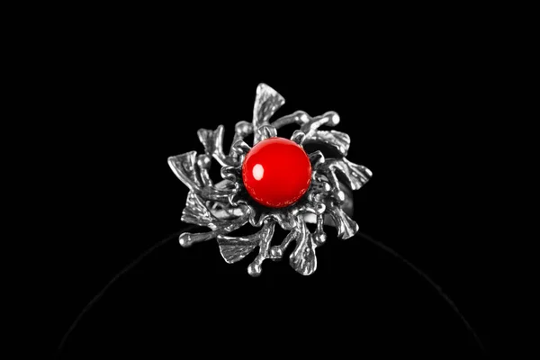 Silver Ring Coral Stone Black Background — 스톡 사진