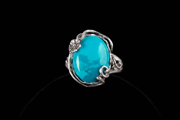 Silver Ring Turquoise Stone Black Background — 스톡 사진