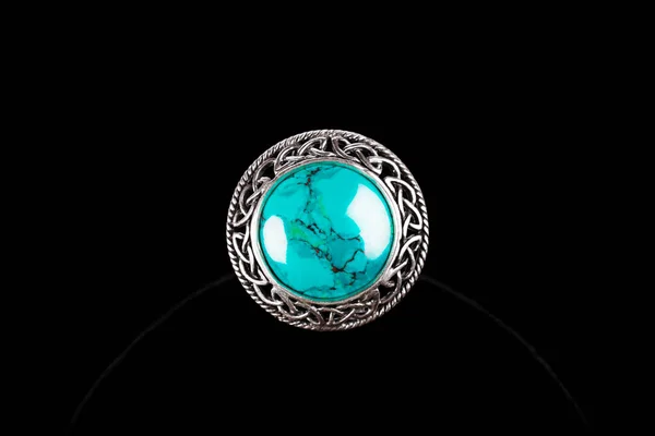 Silver Ring Turquoise Stone Black Background — 图库照片