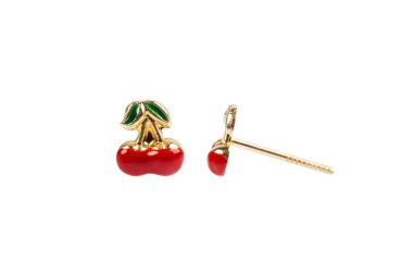 Cherry-shaped gold stud earrings isolated on white background.