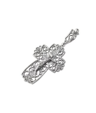 Beyaz arka planda gümüş haç gerdanlığı..