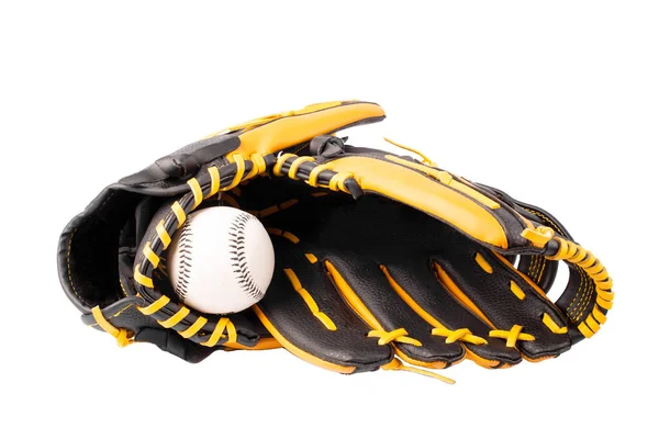 Luvas Pretas Amarelas Beisebol Com Bola Isolada Fundo Branco — Fotografia de Stock