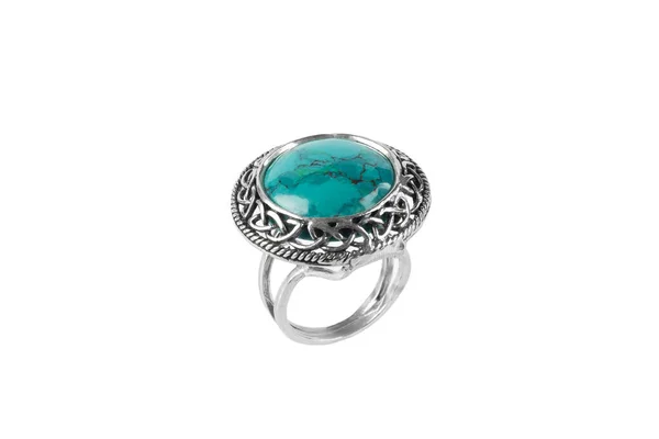 Silver Jewelry Ring Chrysocolla Isolated White Background — 스톡 사진