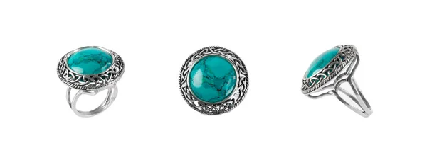 Set Silver Jewelry Ring Chrysocolla Isolated White Background — Zdjęcie stockowe