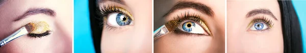 Set of Beautiful female blue eye with golden glittery shadows