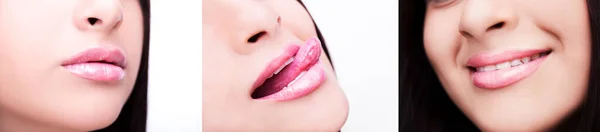 自然なピンクの口紅のメイクと女性の唇のセット 閉じる上のセクシーリップグロスメイク — ストック写真