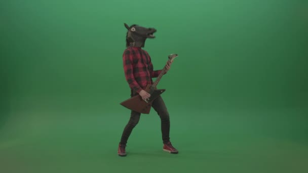 Man Horse Mask Playing Hard Rock Music Guitar Isolated Green – Stock-video