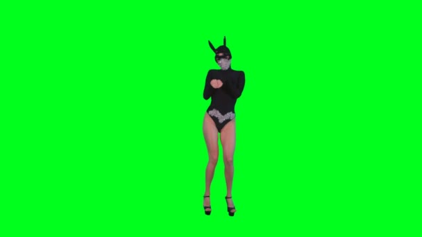 Χορεύτρια Κορίτσι Λαγουδάκι Μαύρη Μάσκα Απομονώνονται Πράσινη Οθόνη — Αρχείο Βίντεο