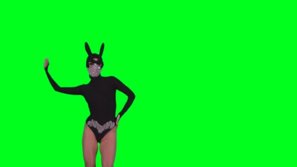 Dancing Girl Bunny Black Mask Isolated Green Screen — Videoclip de stoc