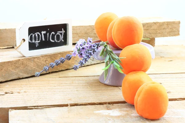 Apricots with lavander in row — Stock Photo, Image