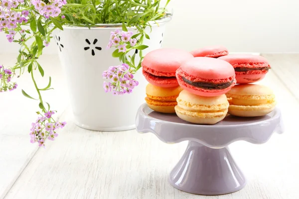 Rosa Macarons und Blumen — Stockfoto