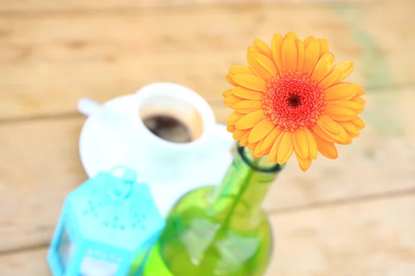 Koffie en oranje bloem — Stockfoto