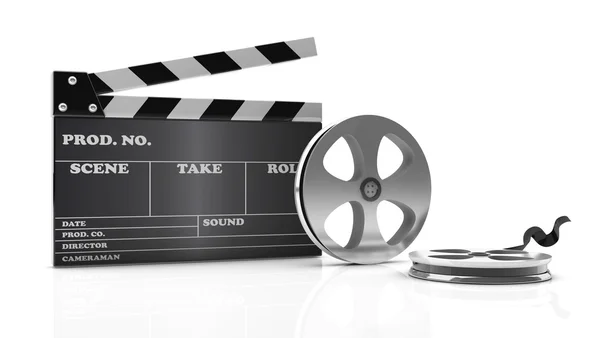 3d cinema clapboard and film — Stock Photo, Image