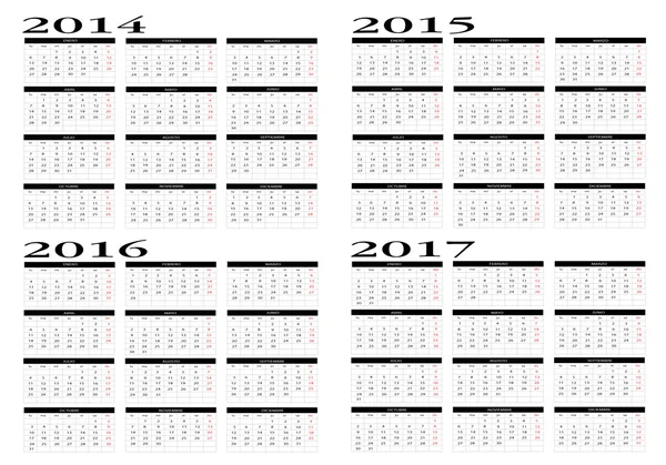 日历 2014年至 2017 年 — 图库矢量图片