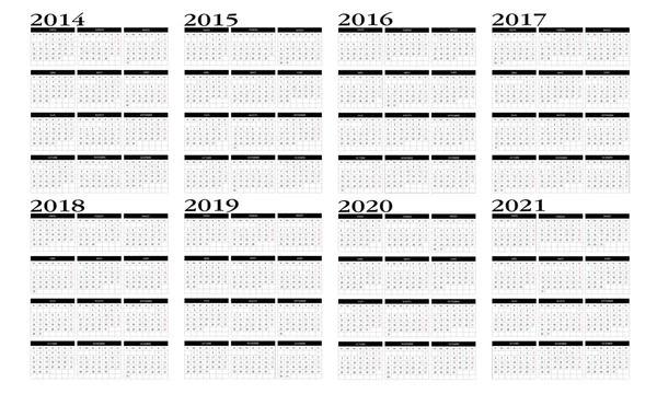 Kalendář 2014 do roku 2021 — Stockový vektor