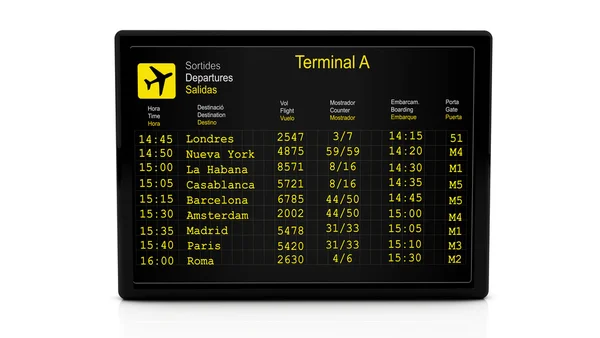3d tablero de información de salida en el aeropuerto — Foto de Stock