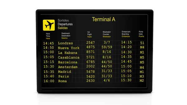 Panneau d'information de départ 3d à l'aéroport — Photo