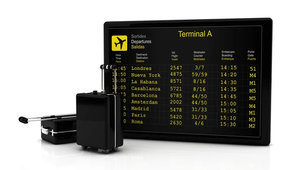 3d Departures information board flights along and suitcases — Stock Photo, Image