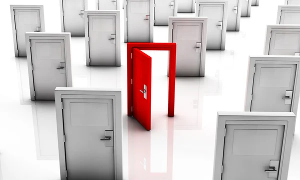 3d Portes fermées en blanc et une en rouge ouverte — Photo