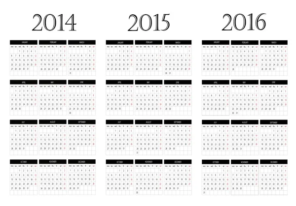 Calendario 2014-2015-2016 — Vettoriale Stock