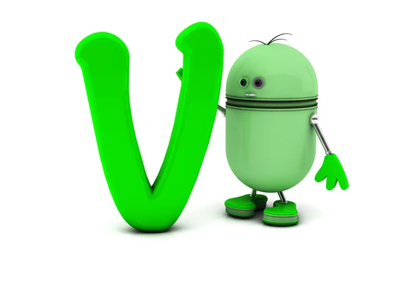 V 绿色标志与机器人 — 图库照片