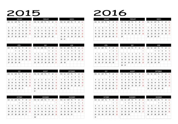 Calendario 2015 e 2016 — Vettoriale Stock