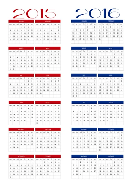Calendario 2015 e 2016 — Vettoriale Stock